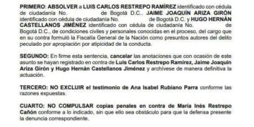 Absuelven al excomisionado de Paz Luis Carlos Restrepo