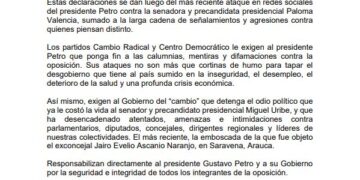 La oposición exige al Gobierno “detener el odio político”